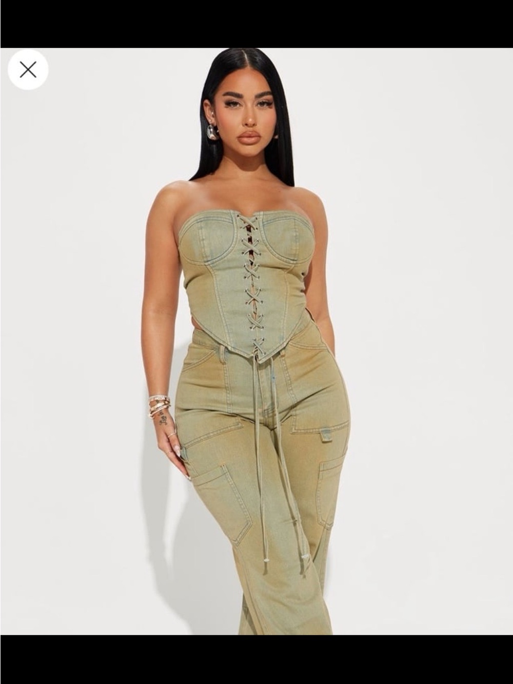 Fashion Nova Strapless Lace-Up Corset Jumpsuit in Olive